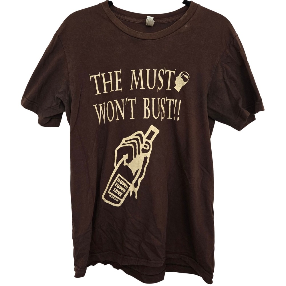 American Apparel Mens Graphic‎ T Shirt Size M Brown "THE MUST WONT BUST" Sew Gay